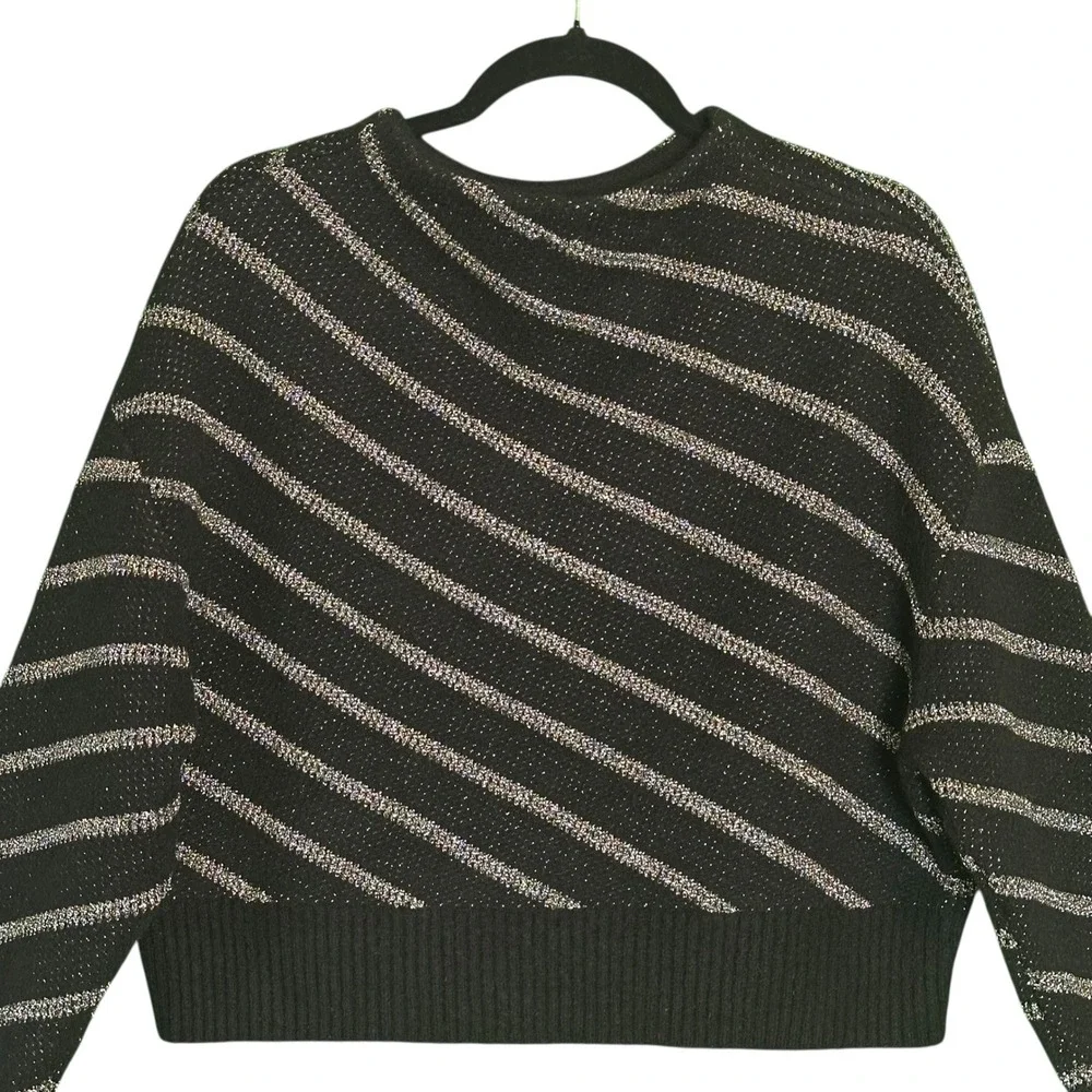 AllSaints Womens Vega Sweater Jumper M Black Alpaca Wool Striped Cropped‎ $248